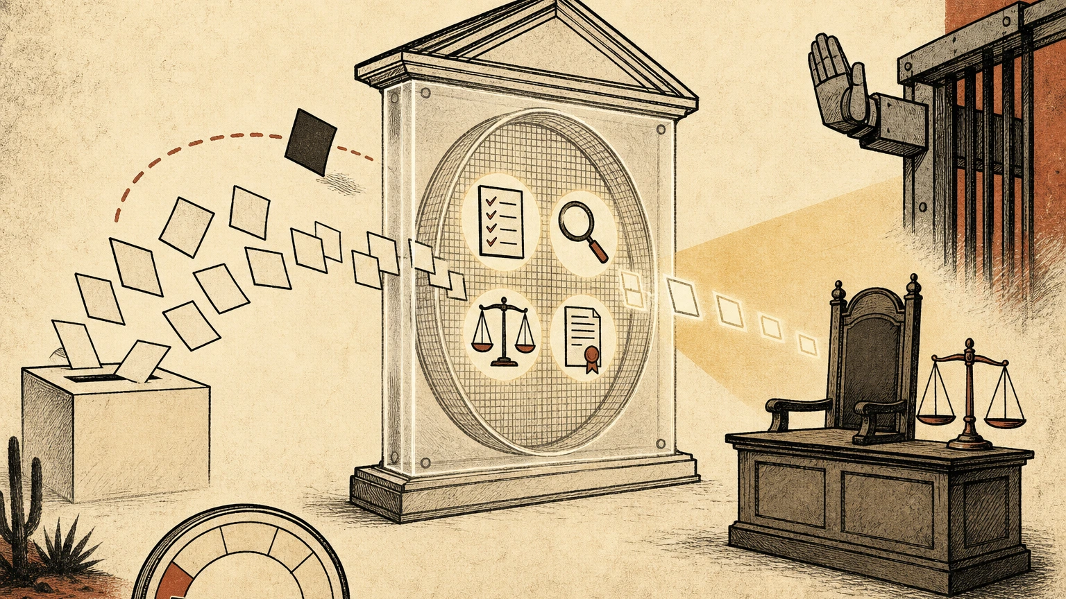 Monero editorial donde boletas ciudadanas atraviesan un filtro institucional transparente antes de convertirse en autoridad judicial, equilibrando voto popular y revisión pública.