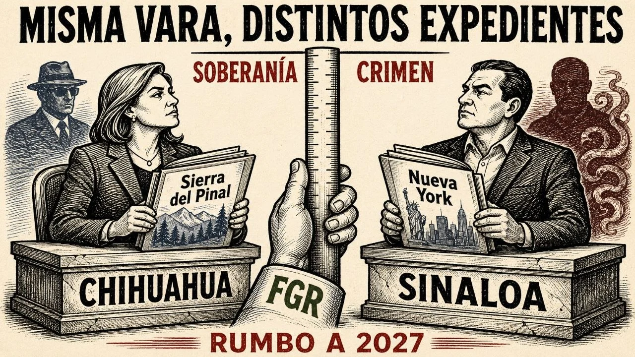 Monero editorial con Chihuahua y Sinaloa frente a expedientes distintos, separados por una vara sostenida por la FGR bajo el lema “Misma vara, distintos expedientes”.