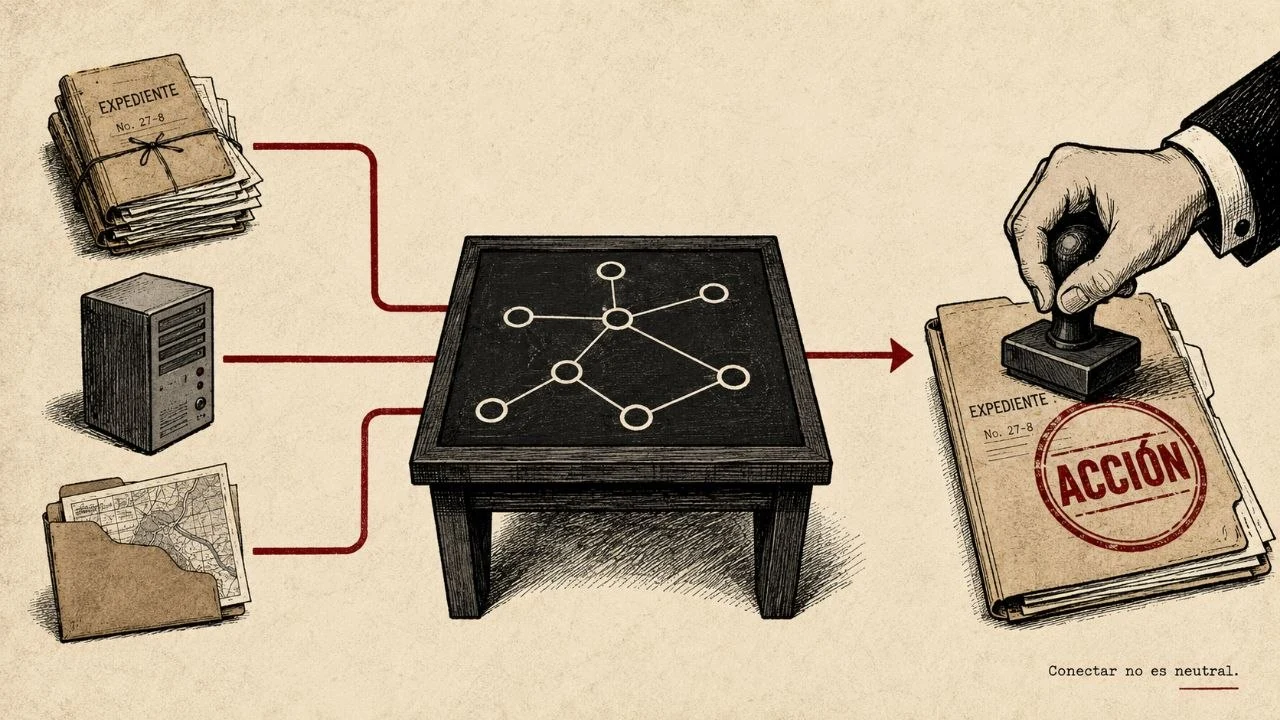 Monero editorial: fuentes de datos dispersas conectadas a una mesa de control que convierte relaciones en acción institucional